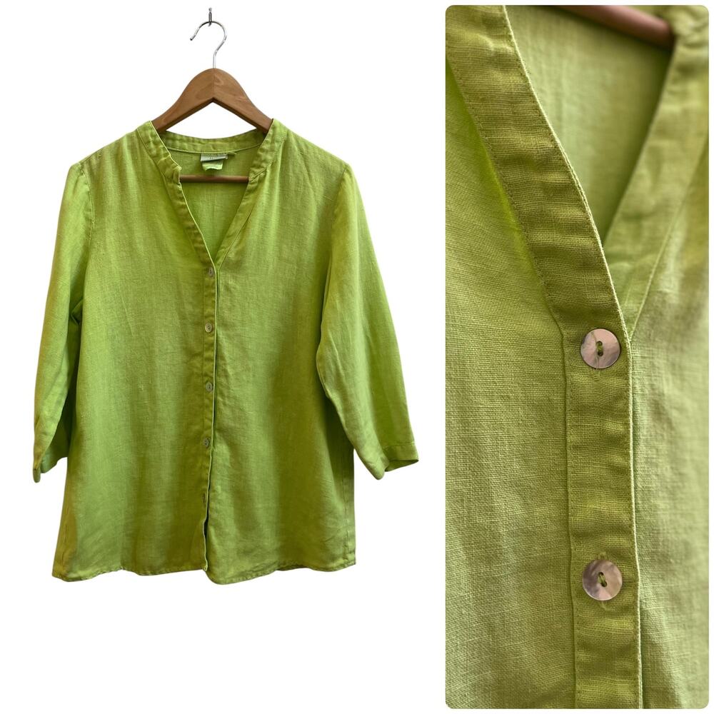 Hot Cotton Linen Lime Green V Neck 3/4 Sleeves Button Front Blouse Medium